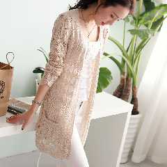 春夏季新品2015修身显瘦薄款中长款镂空针织衫开衫女防晒衫外套女