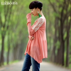 新款 女款 拼接 不规则摆 长袖针织衫开衫 杏雨 粉色