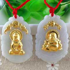 梦一珠宝 翡翠镶嵌千足金玉坠 金镶玉吊坠观音佛公男女情侣项链款